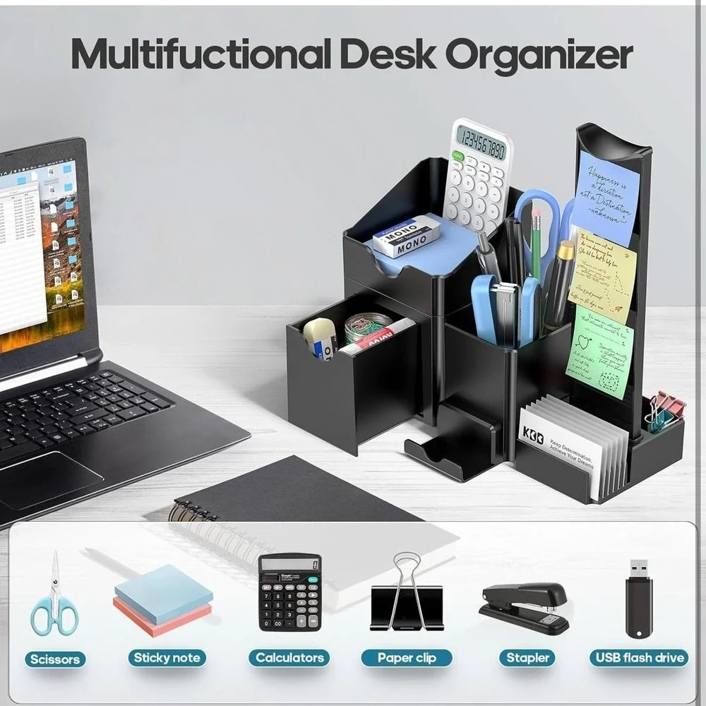 KDD 5-in-1 Desktop Organizer Set Headphone Phone Card Pen Holder Black Plastic